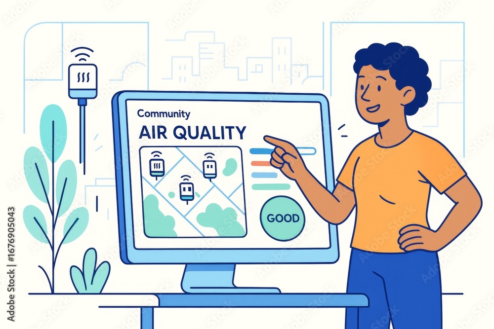 Poster person monitors community air quality on digital screen with sensors and map data in light blue urba
