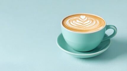 A teal ceramic cup with a matching saucer sits on a pale blue surface. The cup is filled with a latte featuring intricate latte art ? 