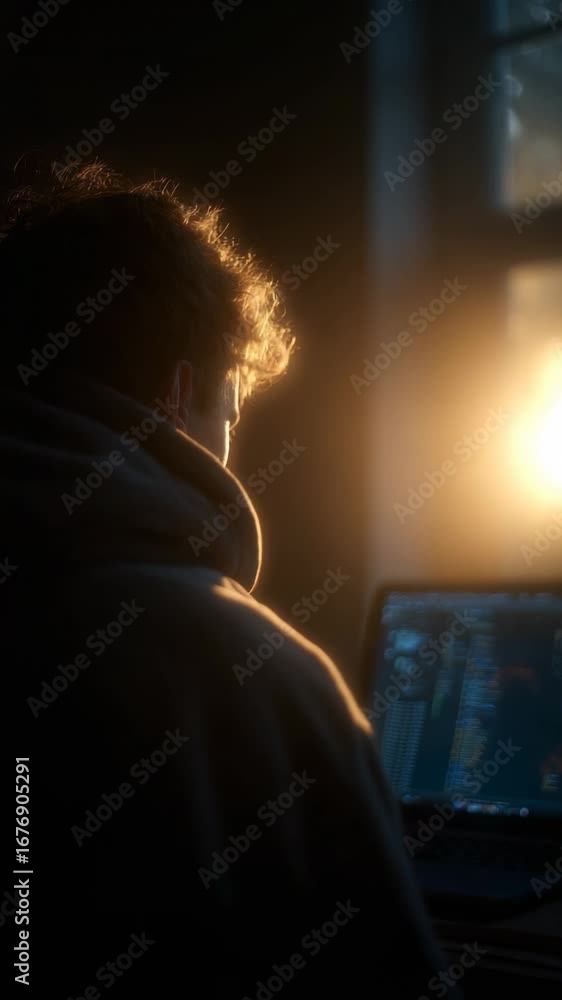 Aufkleber young person coding in a dimly lit room with sunlight streaming through a window in the early mornin