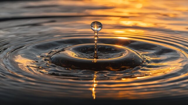 A single water droplet falls into still water, creating a vibrant splash of golden light and expanding ripples. The droplet itself is perfectly clear and reflects the warm, 