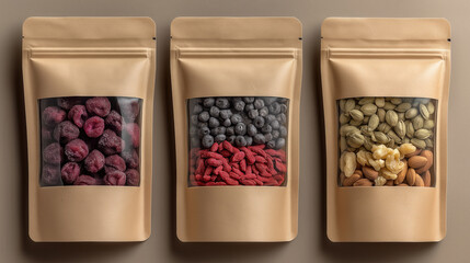 Three packages of freeze dried snacks displayed on a neutral background. Each bag contains colorful dehydrated fruits and nuts, showcasing a crunchy texture and vibrant aesthetic.