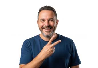 Man gives peace sign isolated on transparent background