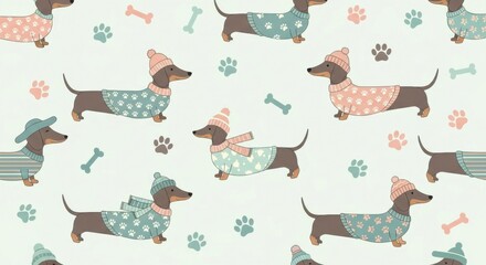 Delightful dachshund pattern featuring dogs in cozy winter attire creating charming feel