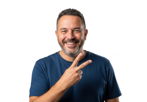 Man gives peace sign isolated on transparent background