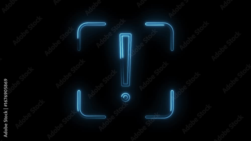 Poster animated exclamation point with glowing neon effect in dark background warning symbol
