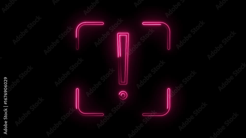 Poster animated neon pink exclamation mark in square frame warning attention notification