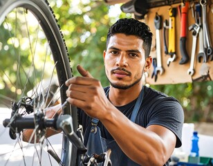 Bicycle Mechanic Repairing Bike Wheel
