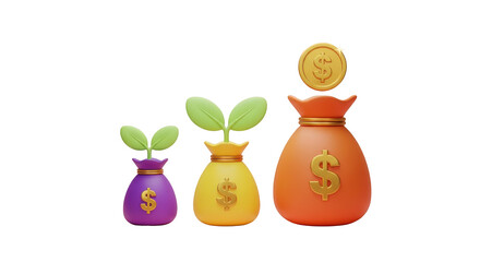 3D Money Bags with Growing Plants and Coin Symbolizing Growth finance investment isolated on a transparent background