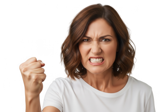Angry woman fist gesture emotion isolated on transparent background