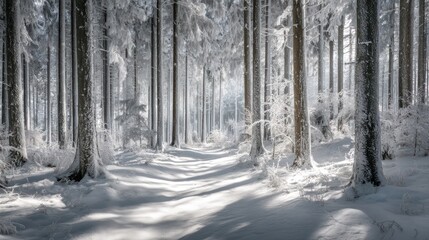 Sunlight streams through a dense, snow-covered forest, illuminating a narrow path winding into the distance. The trees, tall and slender, are heavily laden with frost and snow, creating a shimmering,