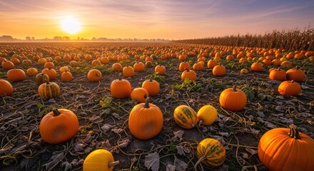 Autumnal Pumpkin Patch at Sunrise - Vibrant Orange Pumpkins in a Vast Field.