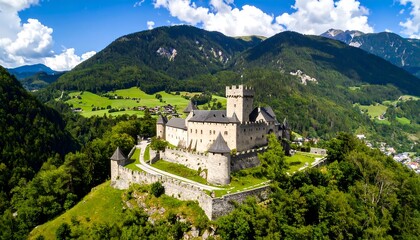Aerial view of an ancient castle on a hill surrounded by lush green mountains and blue skies