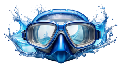 A blue diving mask with water splashes around it, isolated on transparent background, ready for underwater exploration and adventure