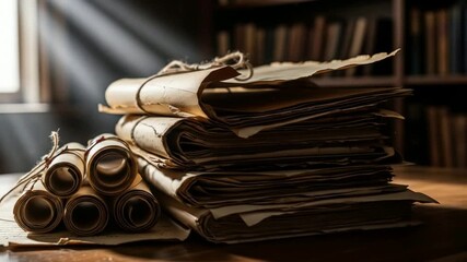 Intriguing Ancient Documents Stacked on Wooden Desk with Sunlight, Historical Records, Education Stock Footage