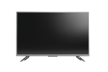 A large flat screen television is sitting on a white background. The television is turned off and the screen is completely black. The television is positioned in the center of the image