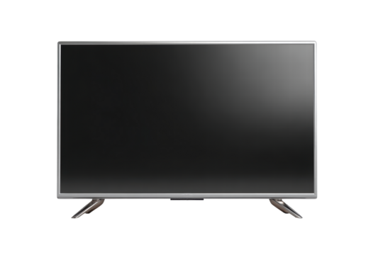 A large flat screen television is sitting on a white background. The television is turned off and the screen is completely black. The television is positioned in the center of the image