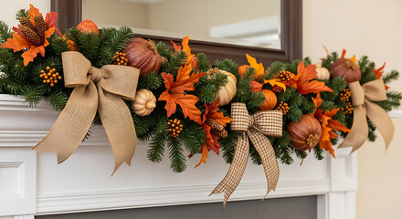 Autumnal mantelpiece garland with pumpkins leaves and bows for a festive thanksgiving decoration ai generated