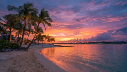 Fototapeta premium Serene tropical beach at sunset with palm trees, colorful sky, and calm water