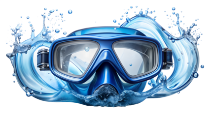 A blue diving mask with water splashes around it, isolated on transparent background, perfect for underwater exploration and recreational swimming