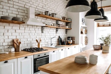 Bright white brick kitchen with wooden accents