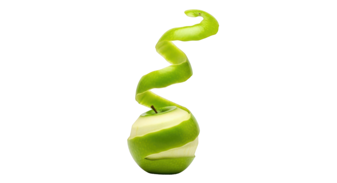 Green apple with a spiral peel in a dramatic presentation fruit peeling isolated on a transparent background