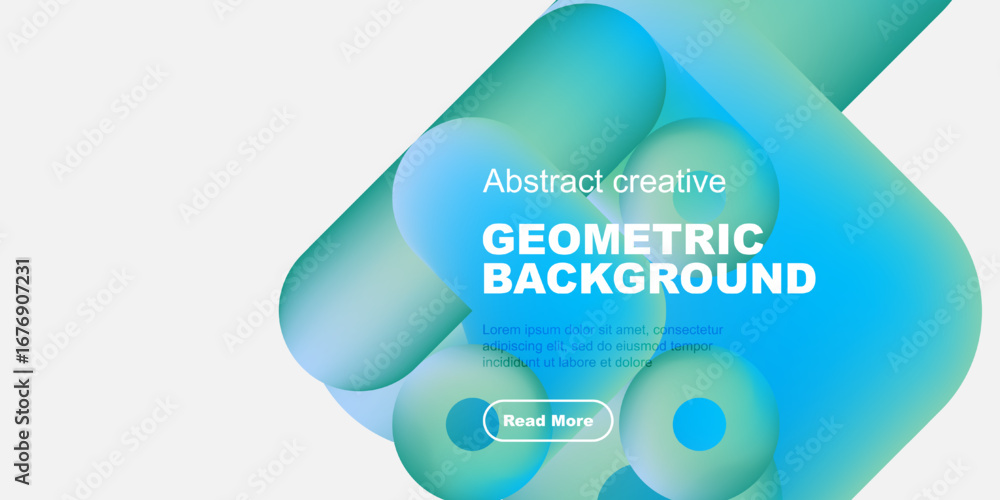 Poster abstract geometric background features flowing shapes, teal hues, white space. text includes sample 