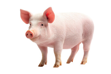 A pig is standing in front of a white background. The pig is pink and has a curious expression on its face