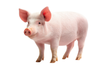A pig is standing in front of a white background. The pig is pink and has a curious expression on its face