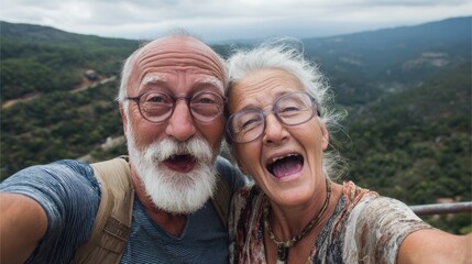 Joyful Senior Snapshot: A radiant senior couple embraces the breathtaking scenery, their faces lit with pure joy and laughter as they capture a selfie, celebrating life's precious moments.
