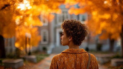 Exploring vibrant autumn colors in a tranquil campus setting with a thoughtful individual