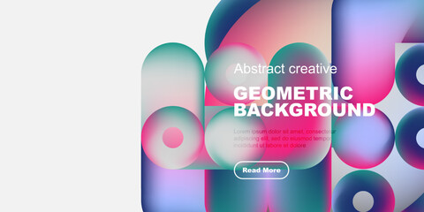 Abstract geometric background features vibrant overlapping circles, squares. Text reads geometric background, includes call to action button.