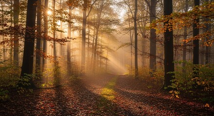 Fototapeta premium Golden Sunrise Rays Illuminating Misty Autumn Forest Path.