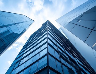Obraz premium Low angle view of modern glass skyscrapers reaching towards a bright blue sky with scattered clouds, showcasing urban architecture.
