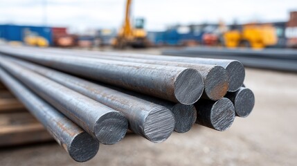 A collection of steel bars stacked in an industrial area, showcasing their texture and metallic finish. Ideal for construction and manufacturing themes.
