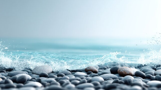 Waves crash dramatically onto a dark, pebbly beach, creating a dynamic splash of white water against a serene, pale blue ocean. Smooth, grey stones are scattered across the foreground, 