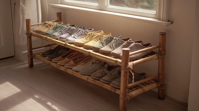 A stylish array of neutral-toned shoes on a bamboo rack by the window, softly lit by natural light.