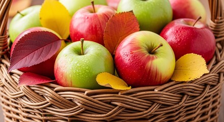 Ripe Red and Green Apples in a Rustic Woven Basket with Autumn Leaves.