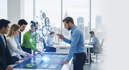 Group of professionals collaborating with innovative interface technology