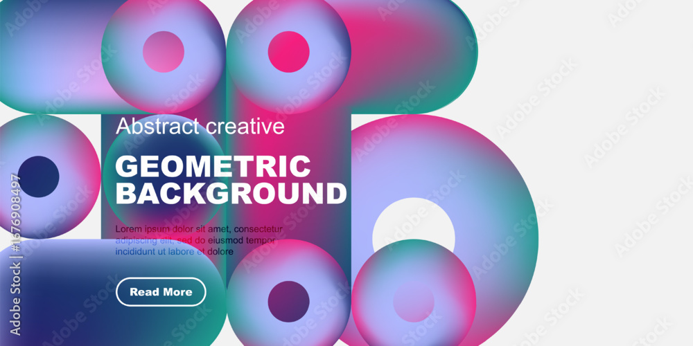 Poster vibrant circles overlap black space. text promotes geometric background design, includes read more b