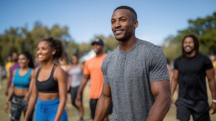 Obraz premium A diverse group of individuals enjoying an outdoor fitness class in a park. The atmosphere is energetic and positive, showcasing teamwork and health.