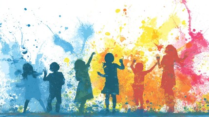 A vibrant, dynamic illustration depicts a group of children joyfully dancing together. Silhouetted figures of six children, varying in height and skin tones, are positioned across the frame