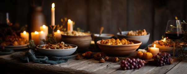 Obraz premium Halloween dessert festival magic in a rustic setting with candles and bountiful dishes