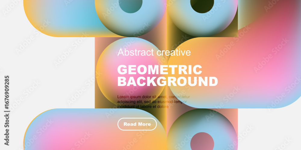 Poster vibrant geometric shapes overlap, creating colorful abstract background. text promotes creative desi