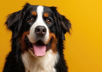 Bernese Mountain Dog portrait, close-up against bright yellow background.  Happy expression, tongue out