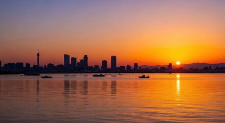 Obraz premium Striking cityscape silhouette at warm sunset glow over calm water surface