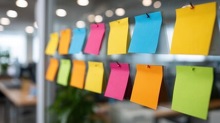 A vibrant display of colorful sticky notes attached to a glass wall in a contemporary office setting, promoting creativity and organization.