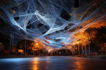 Halloween festival magic dessert display at night enchanting atmosphere with spooky decorations