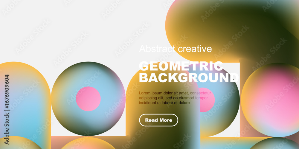Poster abstract geometric composition. overlapping colorful shapes create dynamic visual effect. text block