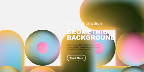 Abstract geometric composition. Overlapping colorful shapes create dynamic visual effect. Text block with read more button present.
