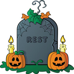 Spooky halloween tombstone decoration with jack o lantern and ghost